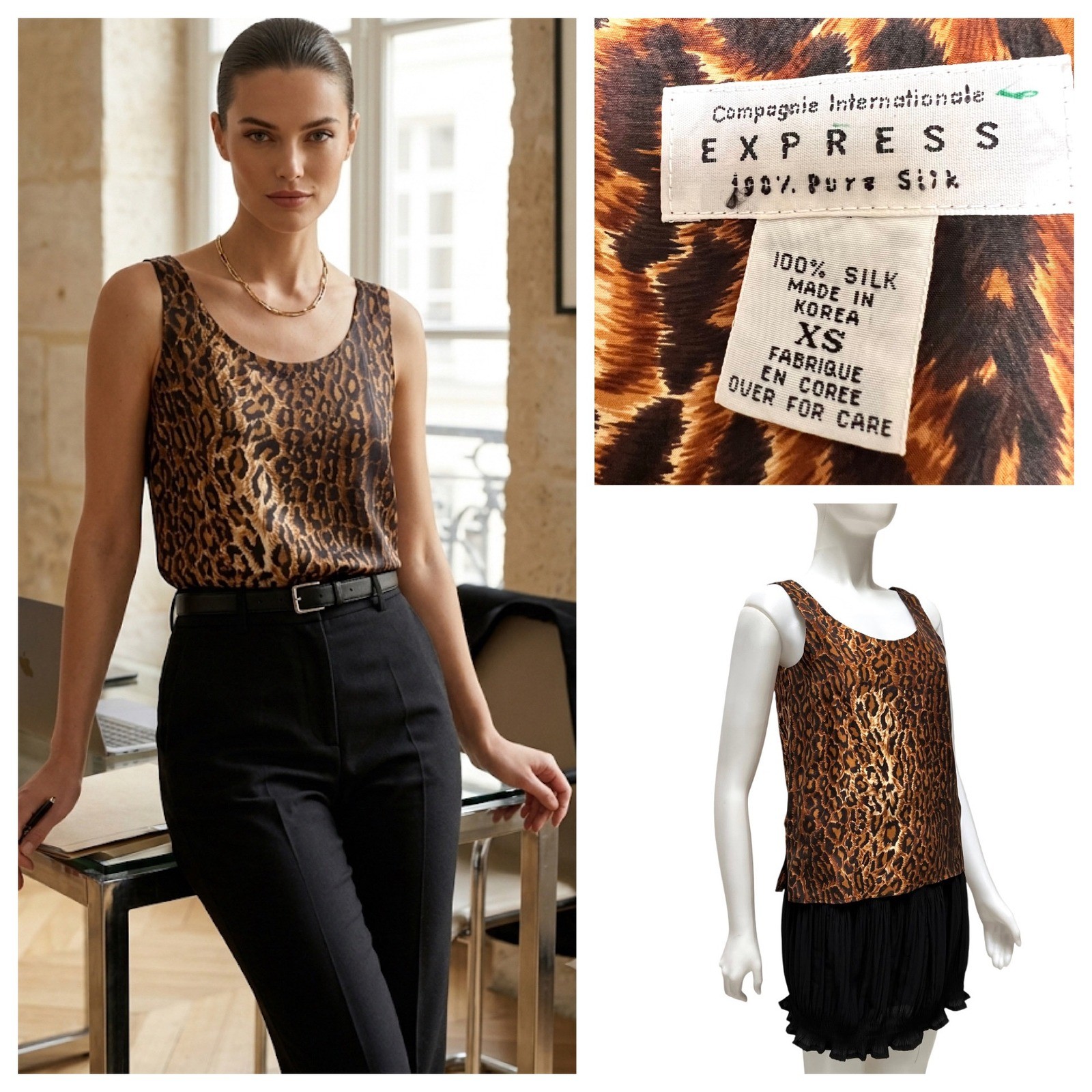 Vintage 90s Express Silk Leopard Print Tank Top XS Office Siren Mob Wife Chic
