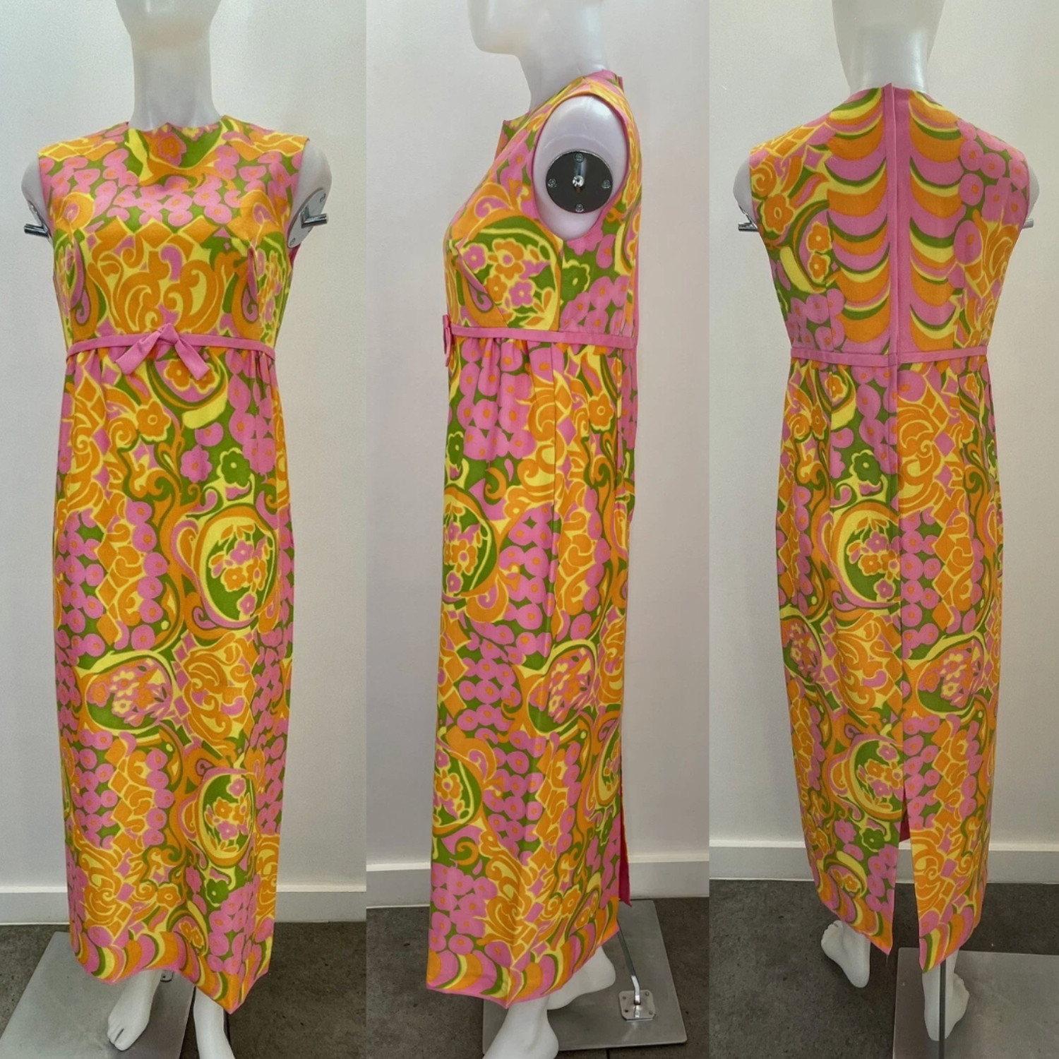 Vintage 70s Psychedelic Maxi Dress Pink Yellow Retro Boho Hippie Small FLAWS
