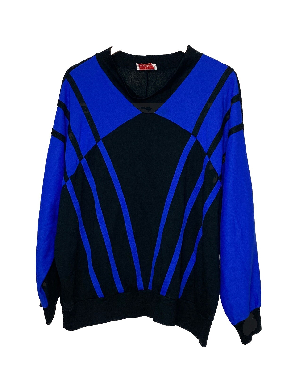 Vintage 80’s Young Stuff v neck Sweater black blue Size 56 Chest Made In USA