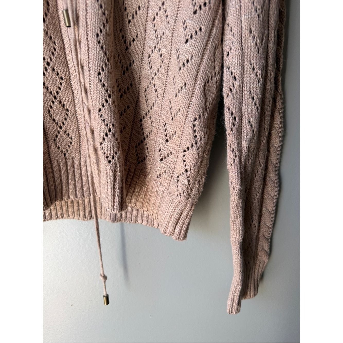 Boho Coquette Women’s Medium Pointelle Knit Lace-Up Sweater Blush Pink