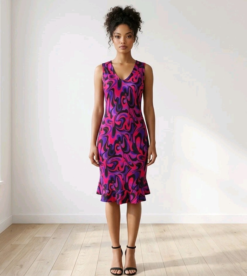 Vintage 80s Black Slip Dress Silk Purple Ruffle Hem Retro Psychedelic Size 4