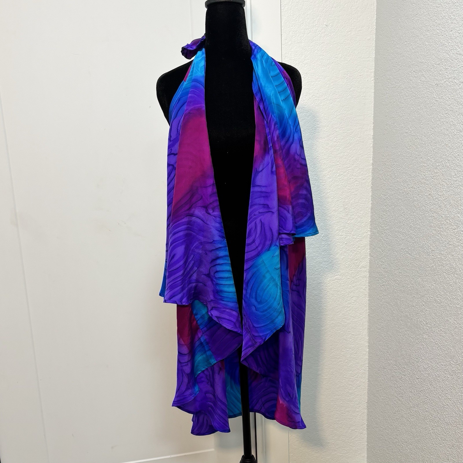 VTG Silk Jacquard Sarong Wrap Coverup Skirt Purple Blue Avant Garde Whimsigoth