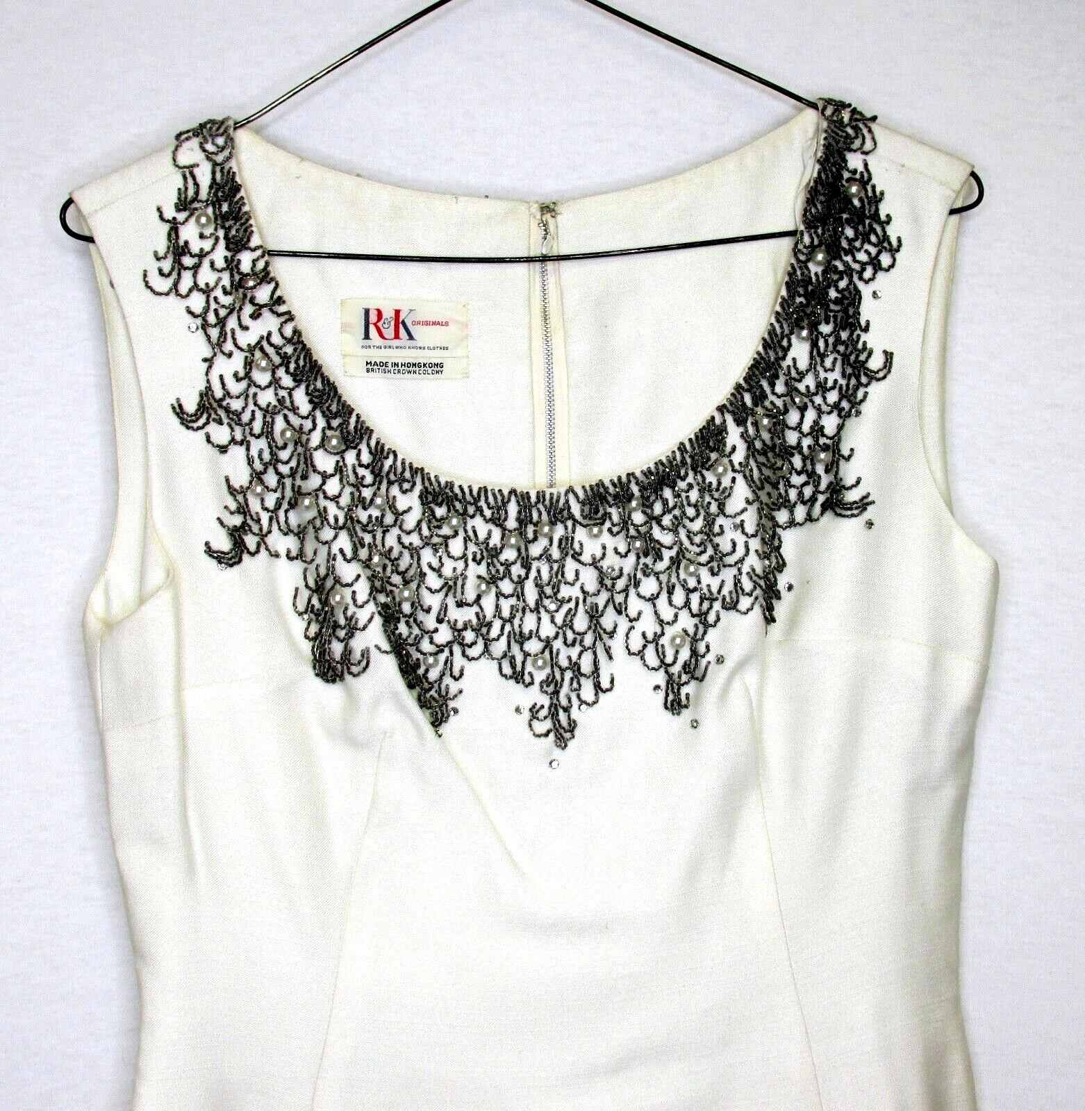 Vintage 60s R&K Originals Cream Shantung Gray Beaded Sheath Dress Holiday 34″
