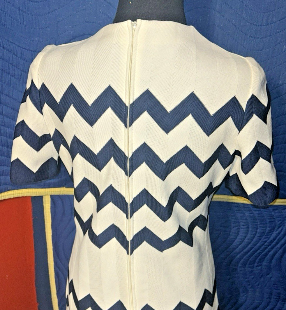 Dalton in Trevira Classic Vintage Dress White with Angled Blue Stripes Size S