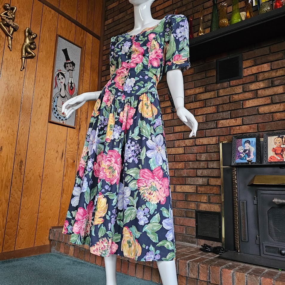 Vtg 80s Trad Wife Impressionist Floral Princess Waist Puff Sleeve Tea Dress M/L