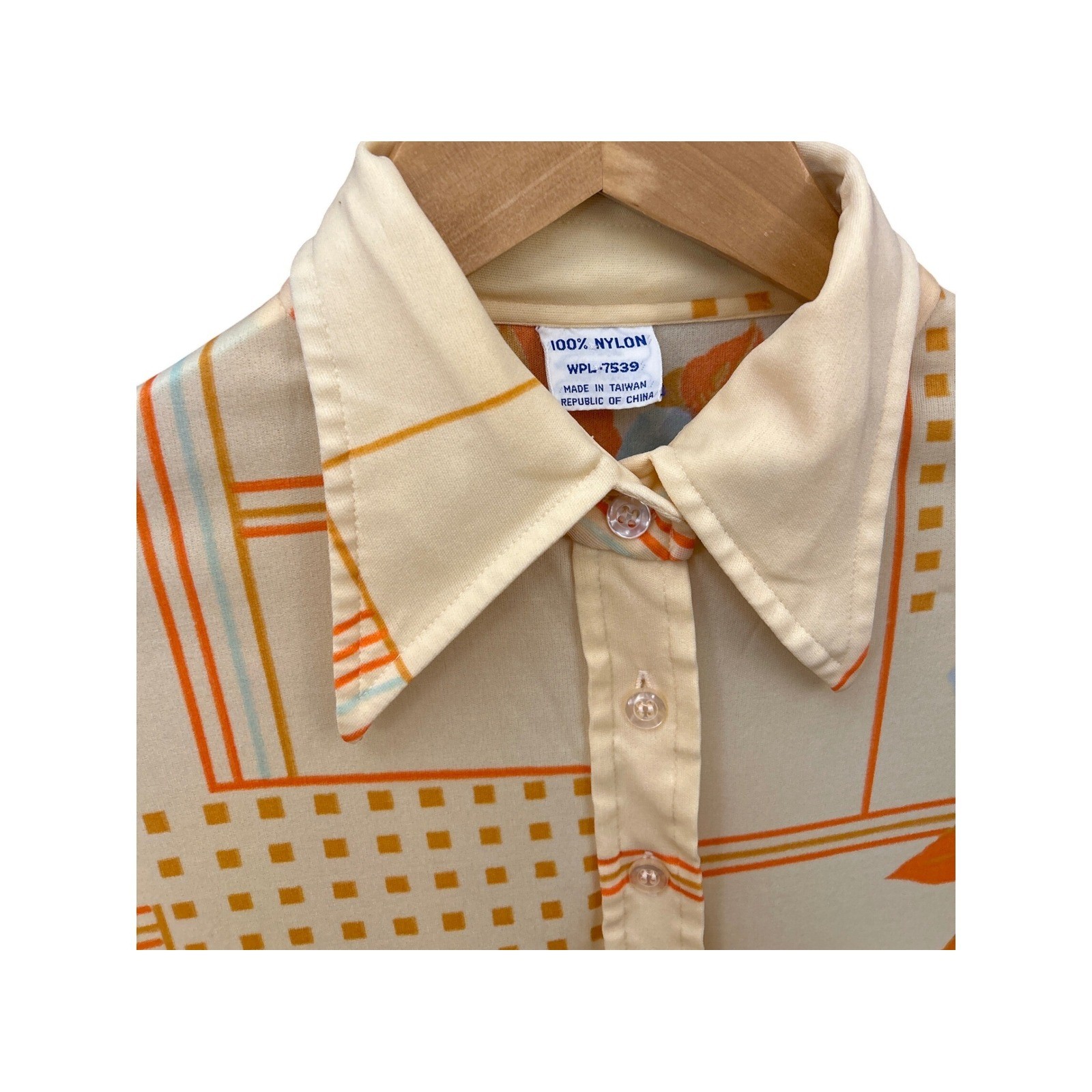 70s Vintage Nylon Button Up Shirt Disco Mod Geometric Floral Retro Boho Groovy
