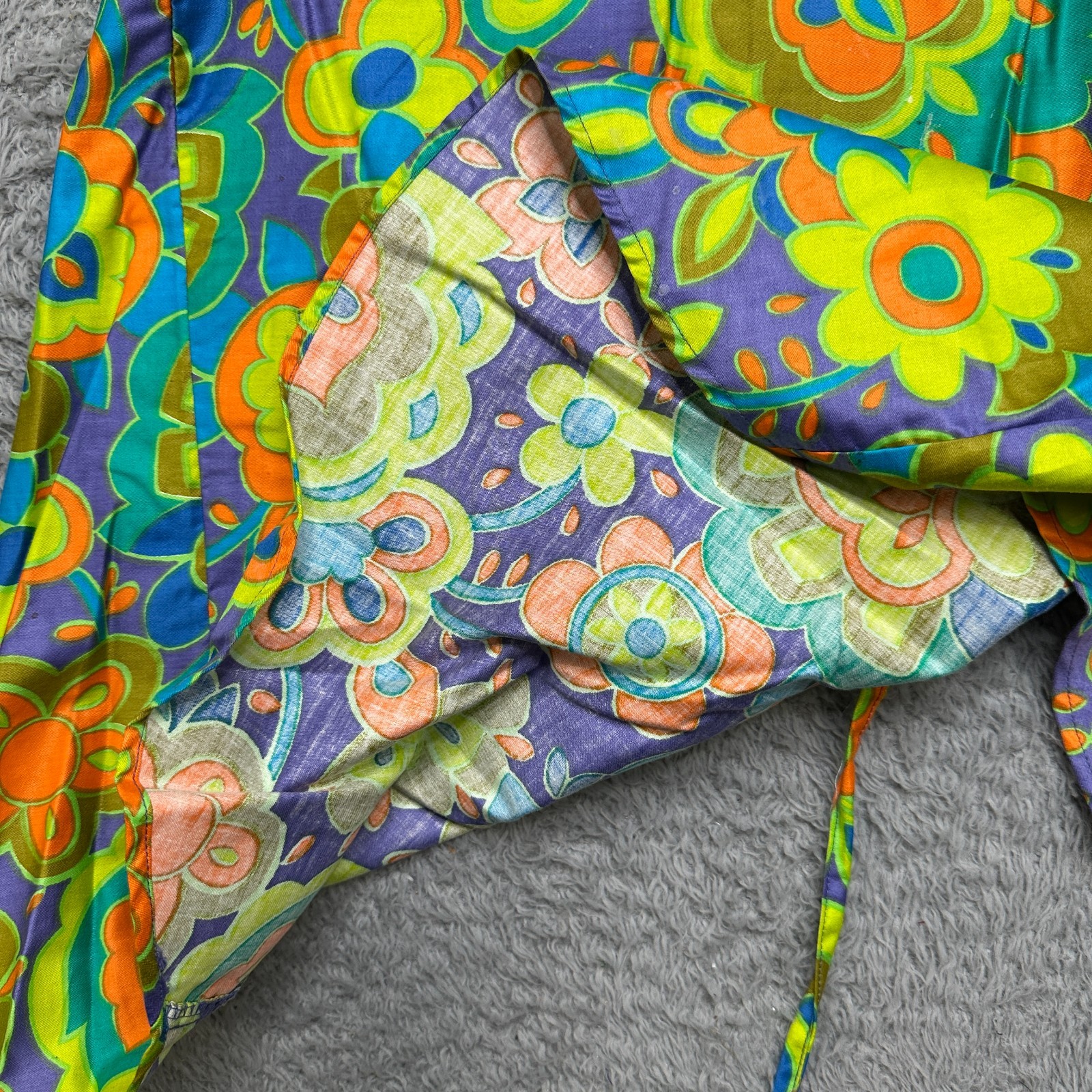 Vintage 60/70s Smock Shirt Womens M Green Groovy Mod Flower Psychedelic Top