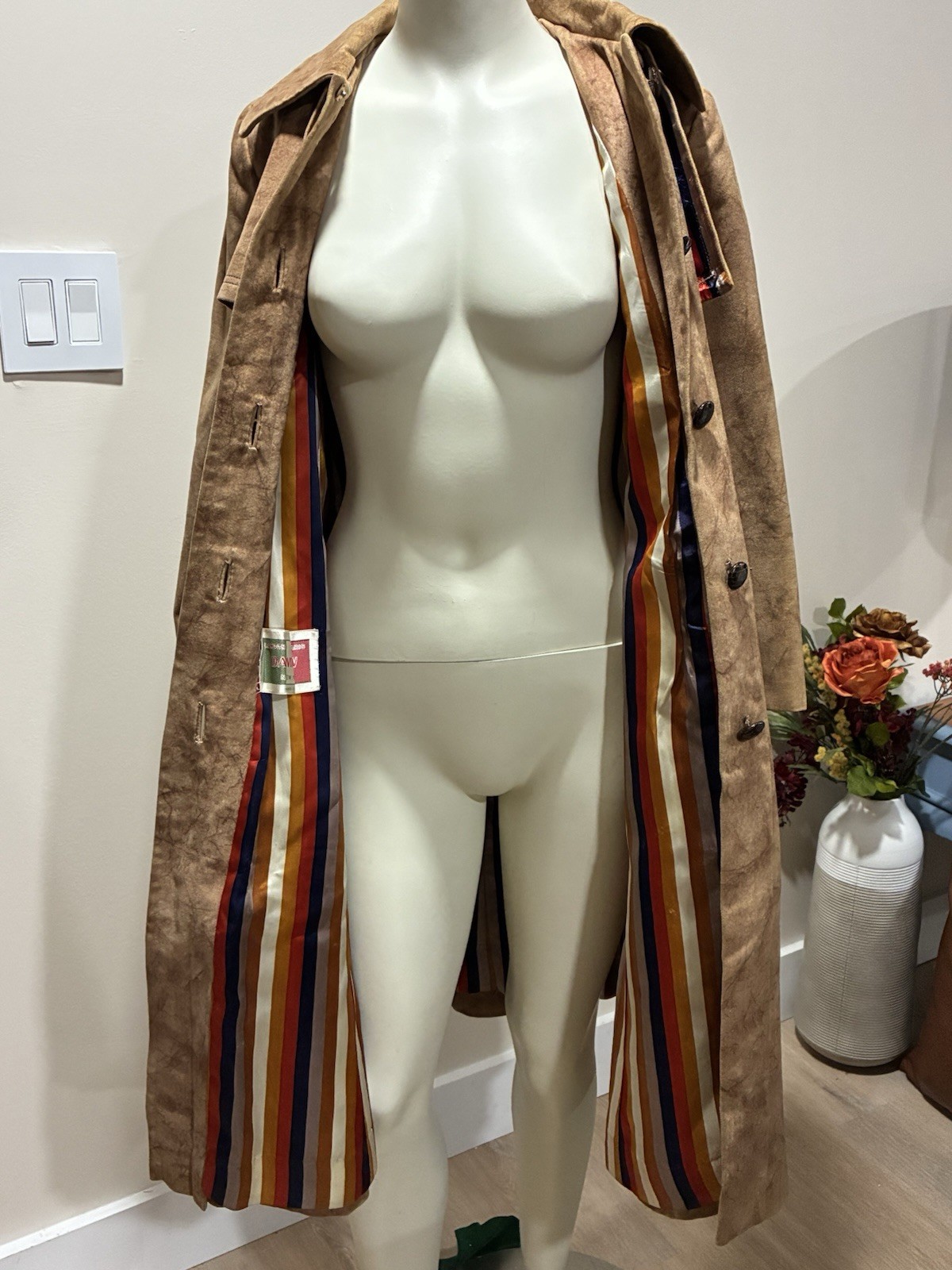Vtg 70s Davidow Boutique Trench Coat Suede Look Cotton Color Stripe Lining USA