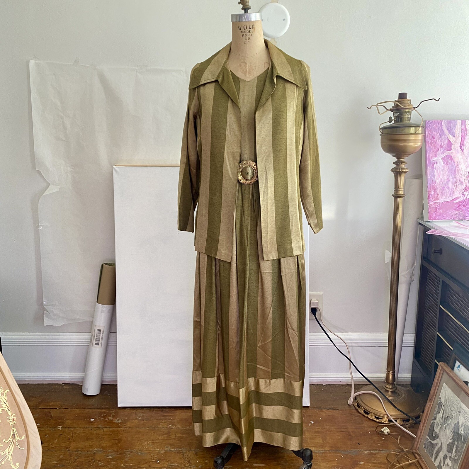 1960s 60s Striped Dress Ensemble Jacket Belt Set Vintage Gold Linen Vtg S