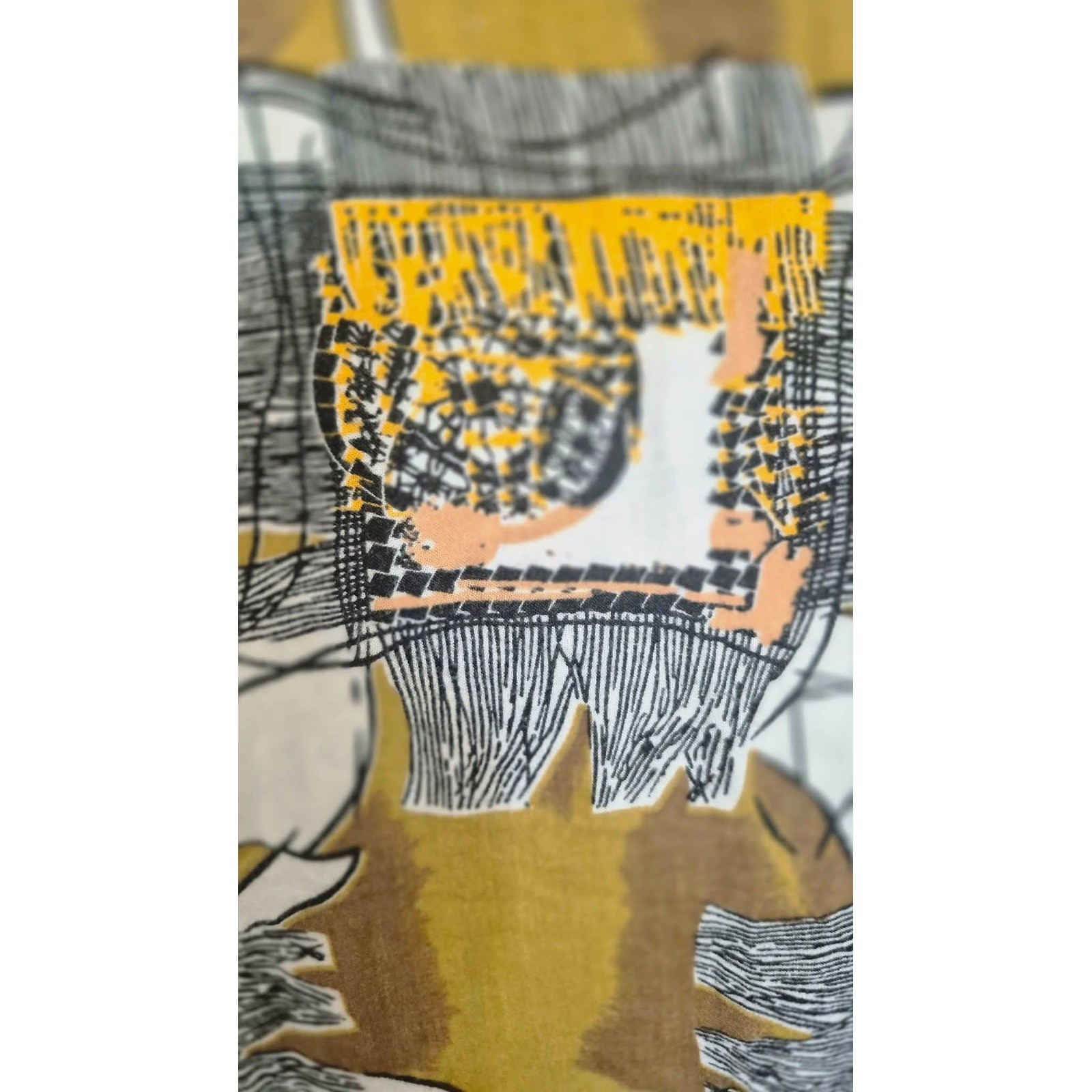 Vintage 1980s Abstract Geometric Print Shift Dress Mustard Yellow Orange Retro S