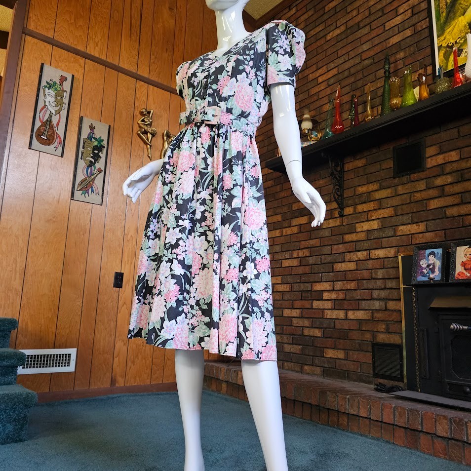 Vtg 80s Huge Puff Romantic Granny Floral Belted Shirtwaist Pockets Tea Dress M