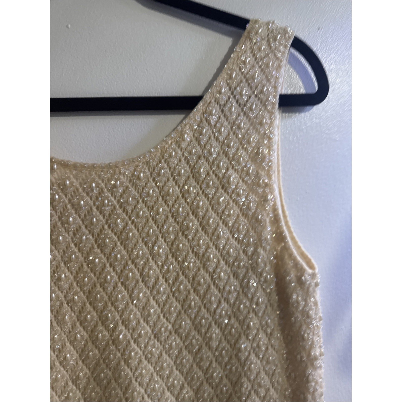 Vintage Beaded Sequin Knit Tank Top Cream Champagne Pearl Fringe Shell L