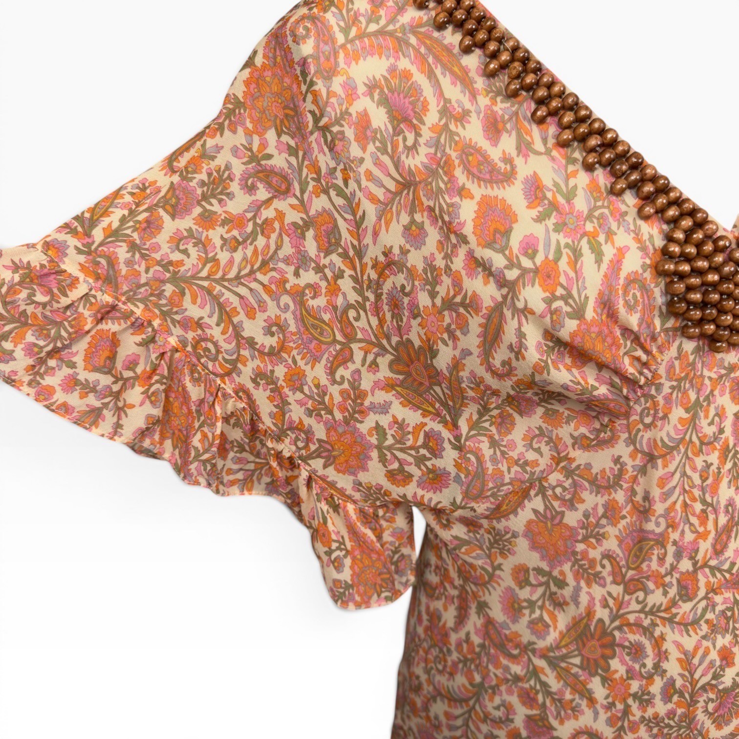 Vintage Sheer Silk Paisley Midi Dress Orange Pink Beaded V-Neck Tiered Ruffle