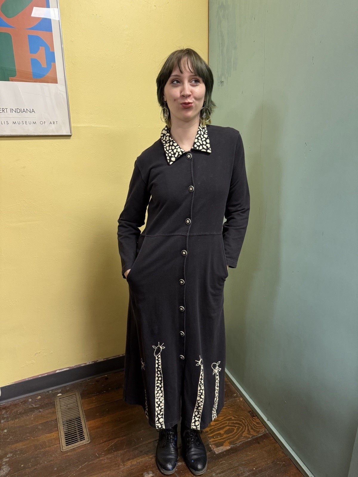 Vintage Cite’ Black Giraffe Appliqué Cotton Maxi USA M