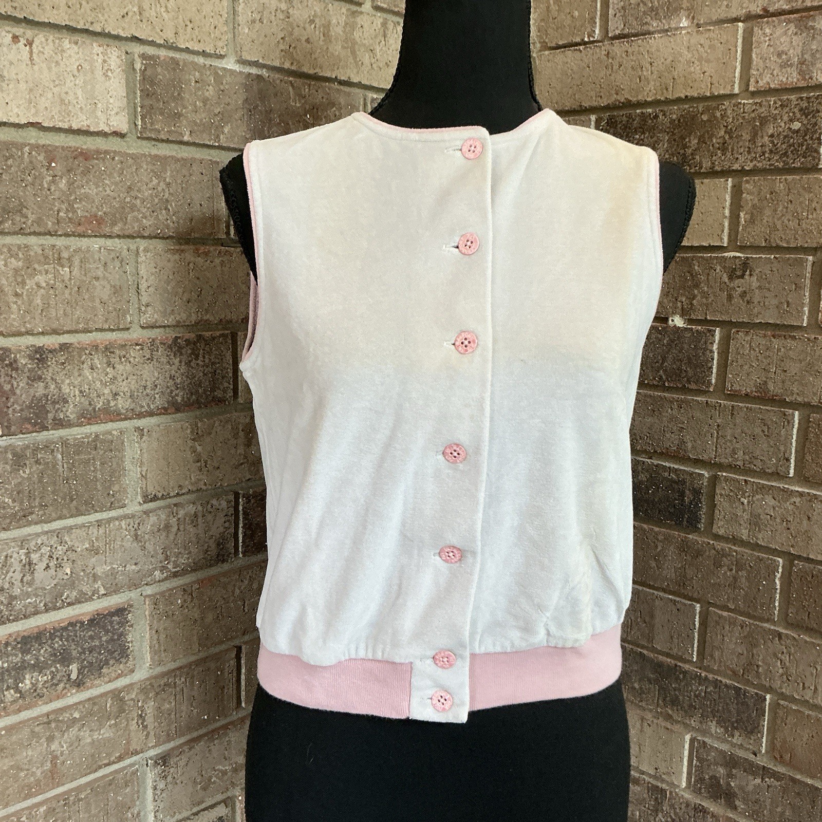 70s VTG Ultrasport Ltd Ruth Brahms Velour Vest M White Pink Button Crop #52D9