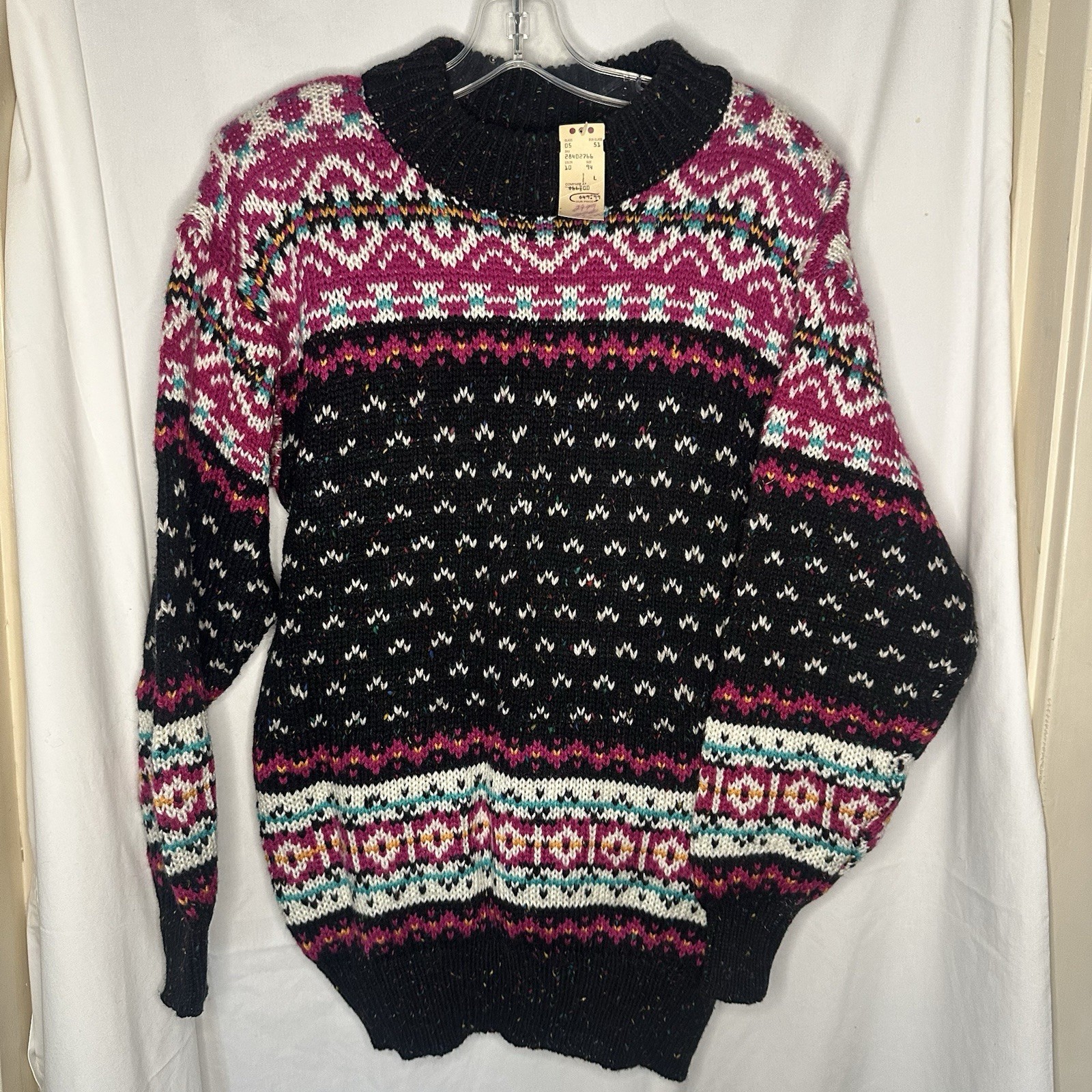 Vintage NWT 80’s 90’s Gallagher Women’s Large Multicolor Pink Black Knit Sweater