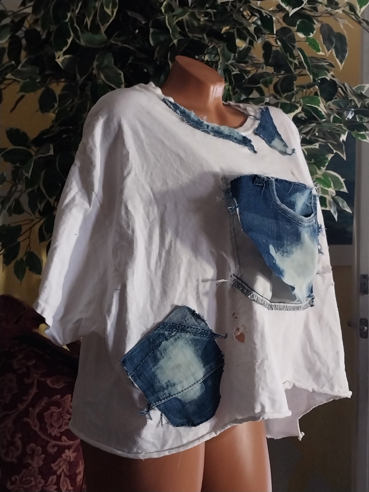 REWORKED PATCH PATCHWORK JEANS DENIM POCKETS GRUNGE DISTRESSED 3X T SHIRT
