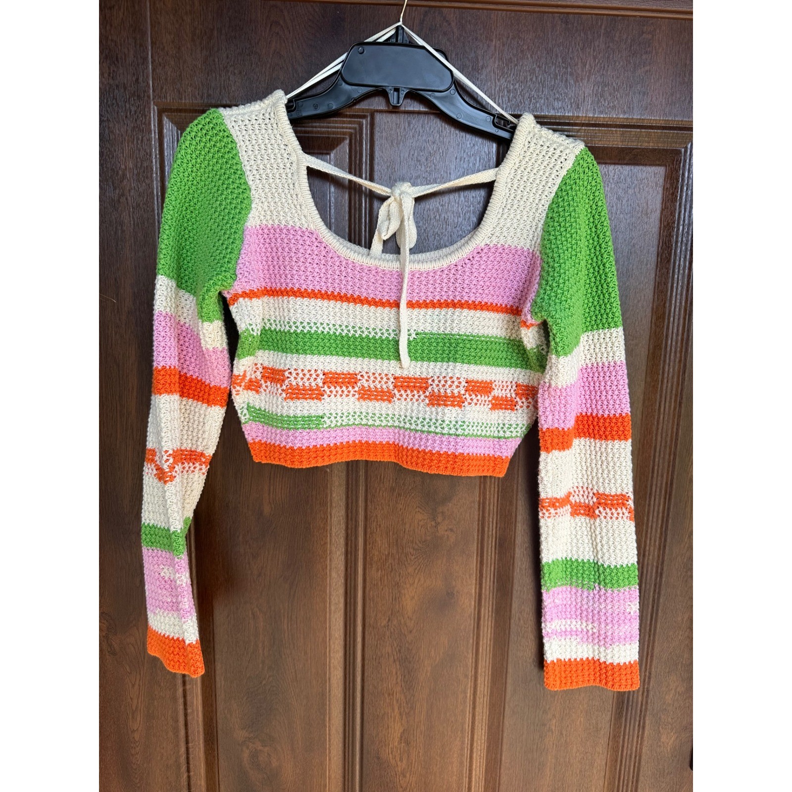 Grey Bandit Teenage Dream Retro Boho Knit Crochet Long Sleeve Crop Top SZ S