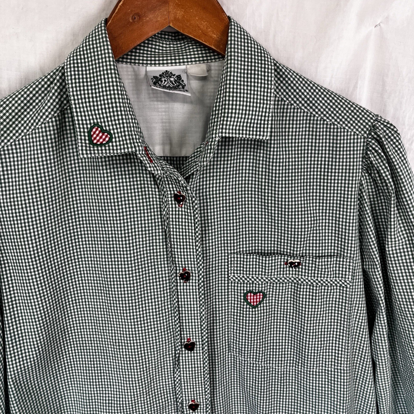 Hammerschmid Vintage Gingham Shirt Women Medium German Cotton Blouse Hearts Cute
