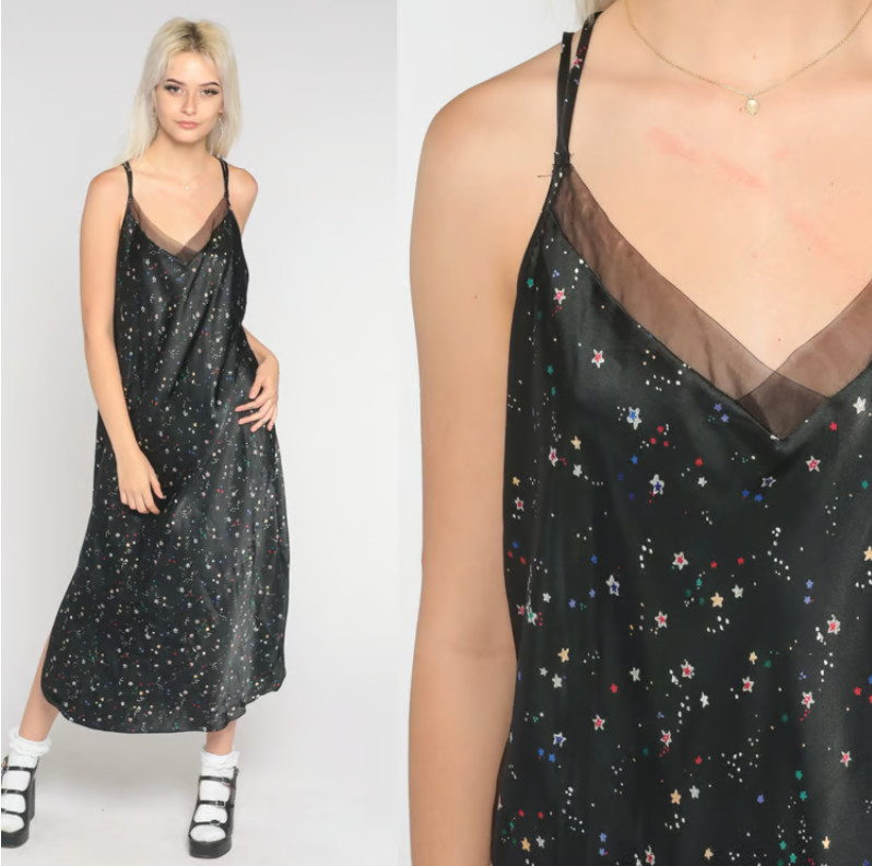 Vtg 90s Inner Most Black Satin Star Print Slip Dress Chemise Midi XL Y2K Beaded