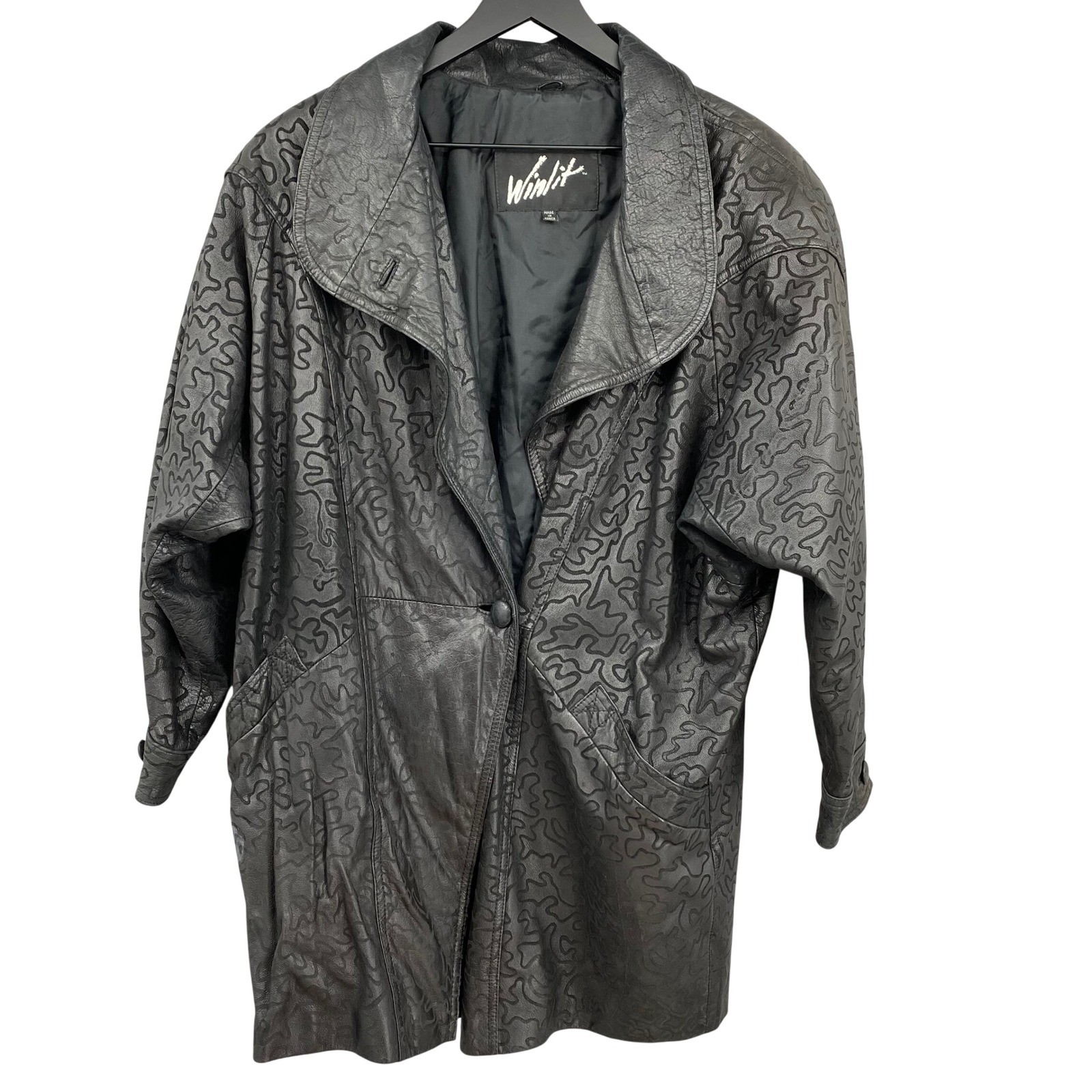 Vintage Winlit Black Genuine Leather Embossed Squiggle Pattern Jacket Small 80s