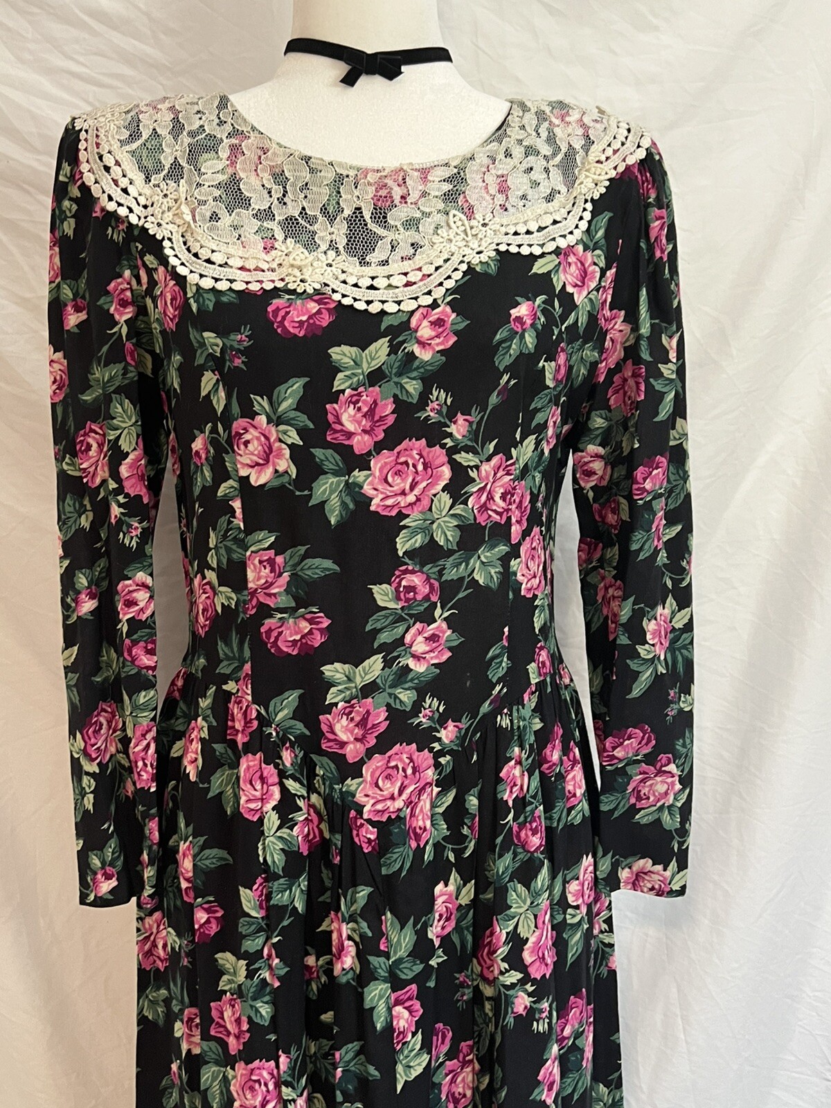 Vtg Rose Dark Floral 80s Dress Lace Gothic Princess Romantic Fairy Whimsigoth