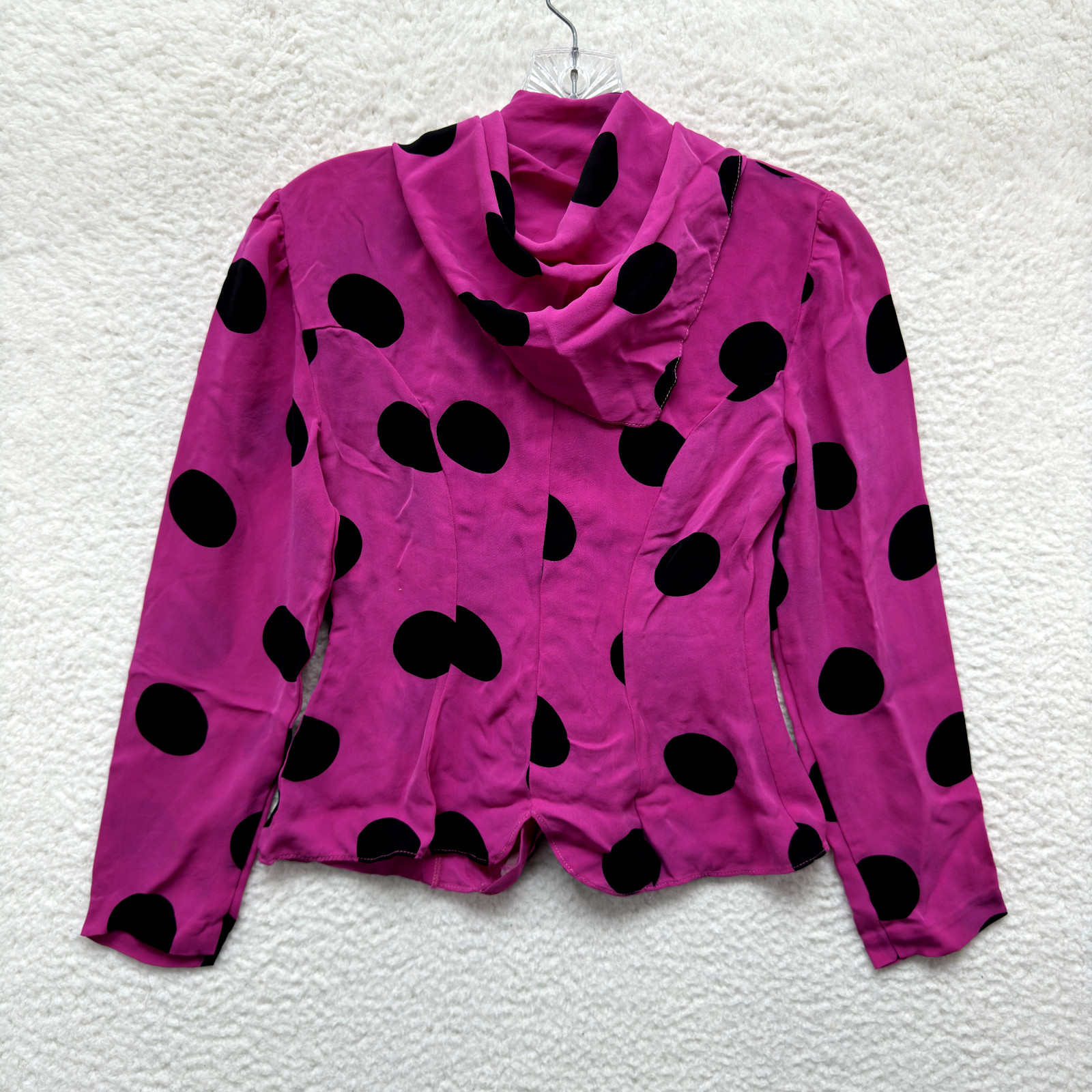 90s Y2K Vintage Anna Sui Top Blouse Small Silk Neck Tie Pink Black Polka Dot