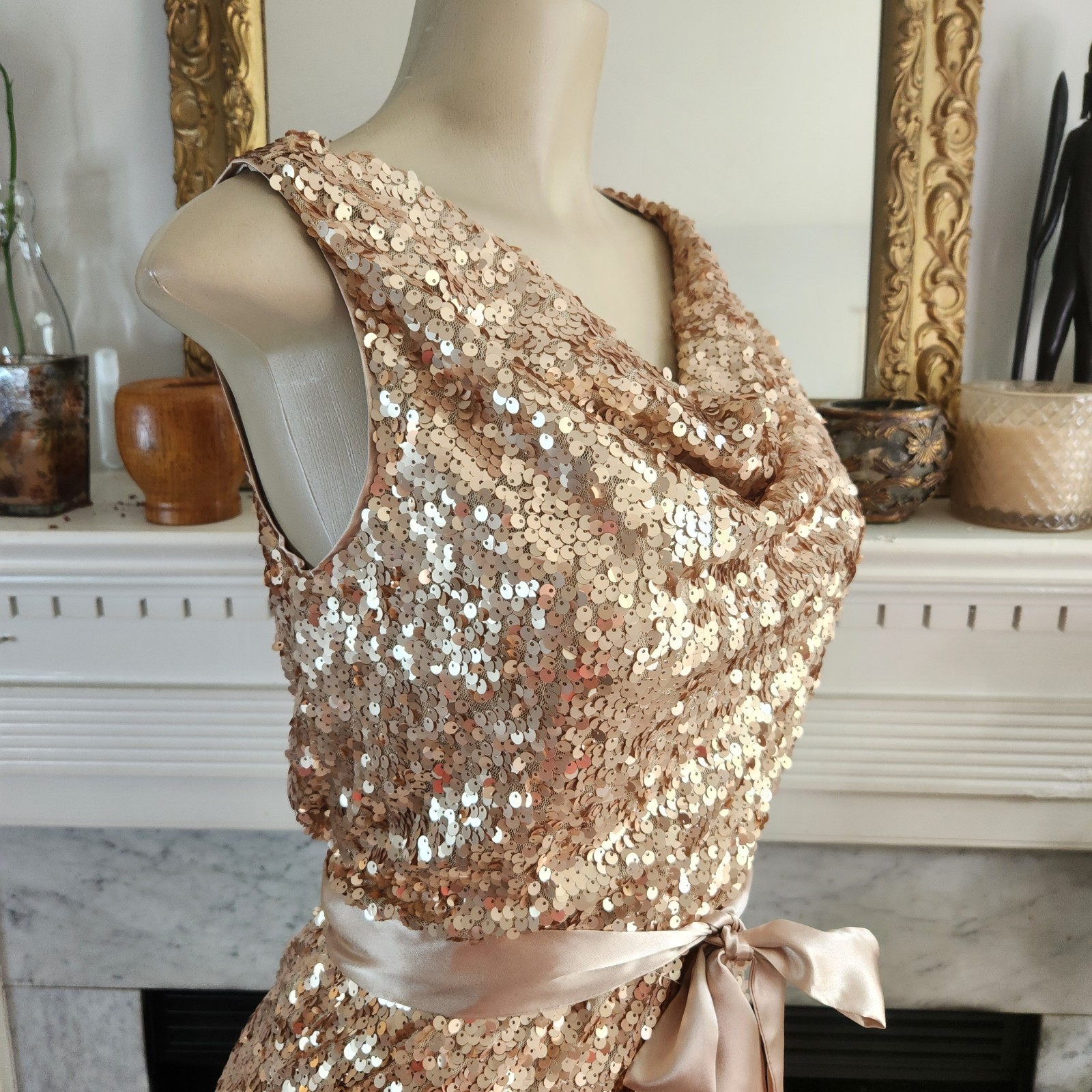 Vintage 90s Cache Gold Sequin Mini Dress Sz 4 Y2K Party Cowl Stretch Party Glam