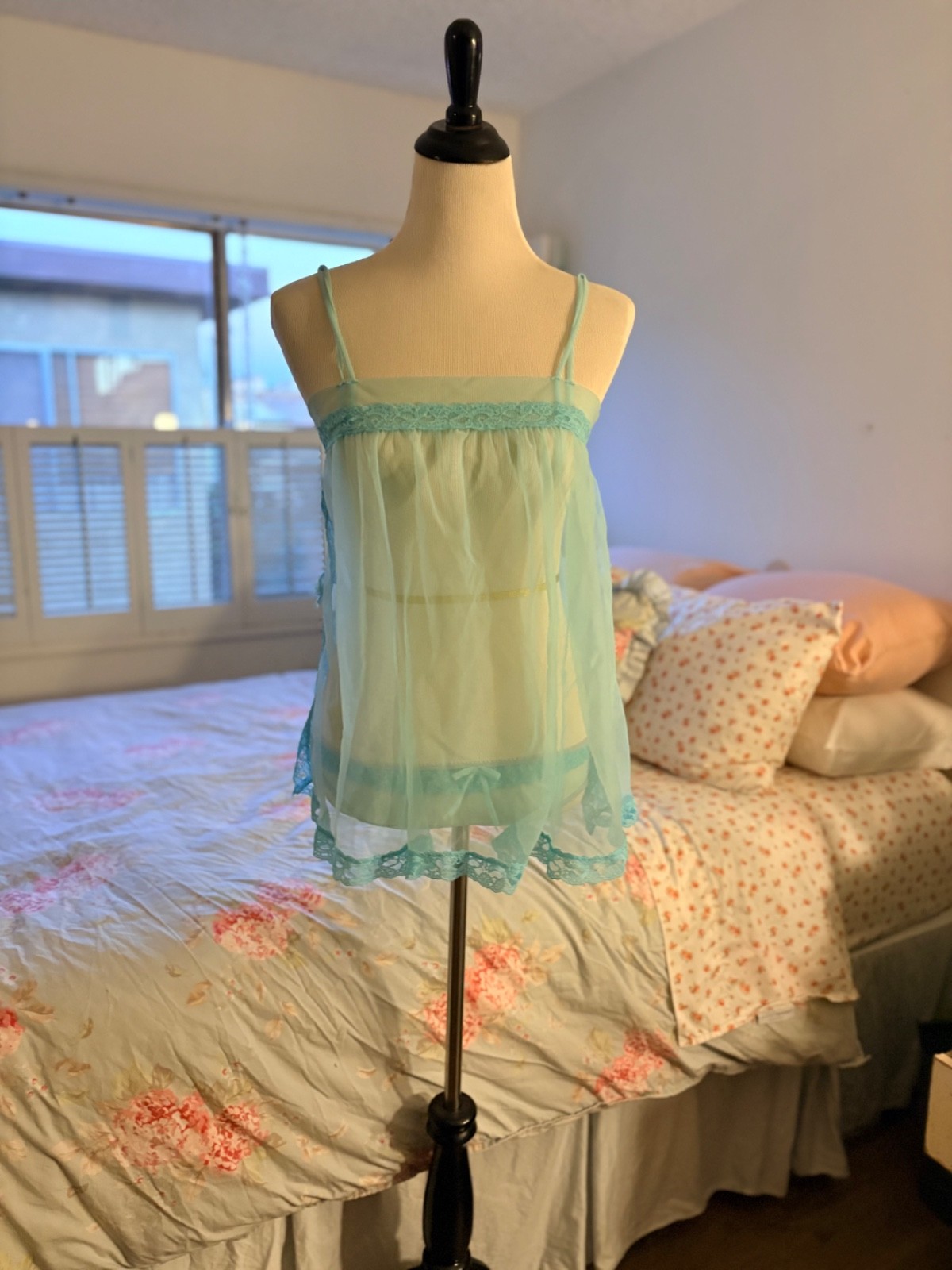 Vintage Sheer Aqua Babydoll Nightgown Lace Trim Chiffon Small