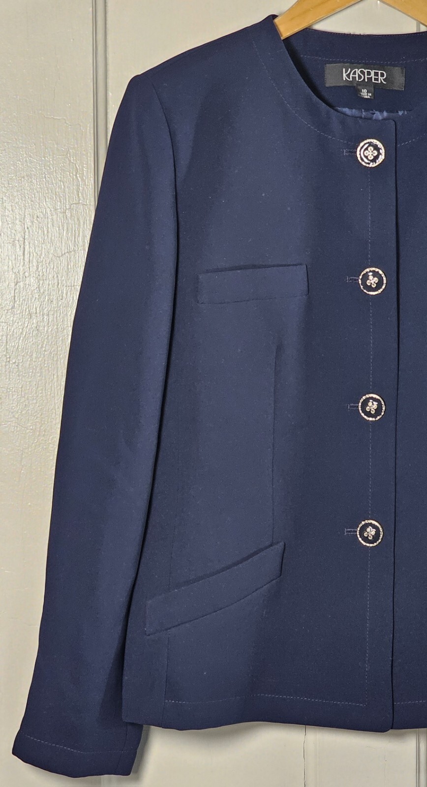 VTG Kasper 2 Piece Suit Women’s 10 Navy Blue Jacket Skirt Fancy Buttons Career