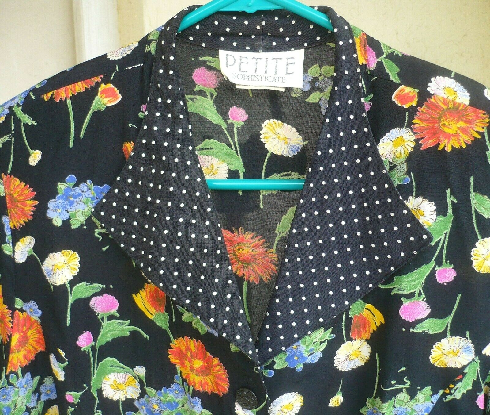 VTG 90S M PETITE SOPHISTICATE USA BRIGHT COLORFUL FLORAL POLKA DOT COLLAR BLOUSE