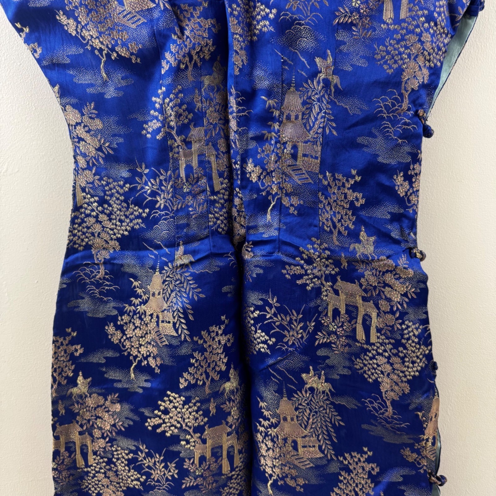 Vintage Blue & Gold Asian Brocade Cheongsam Dress With High Collar & Side Button