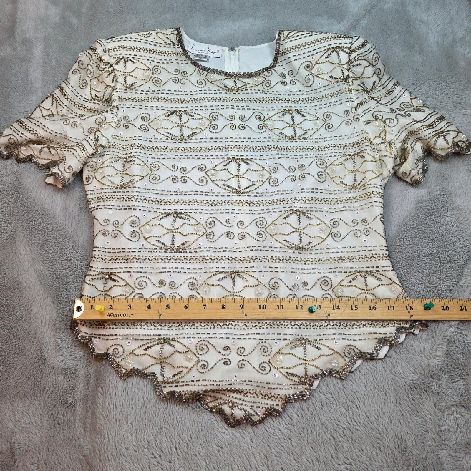 Laurence Kazar Beaded Silk Top Women XL Cream Gold Vintage Evening Scalloped Hem