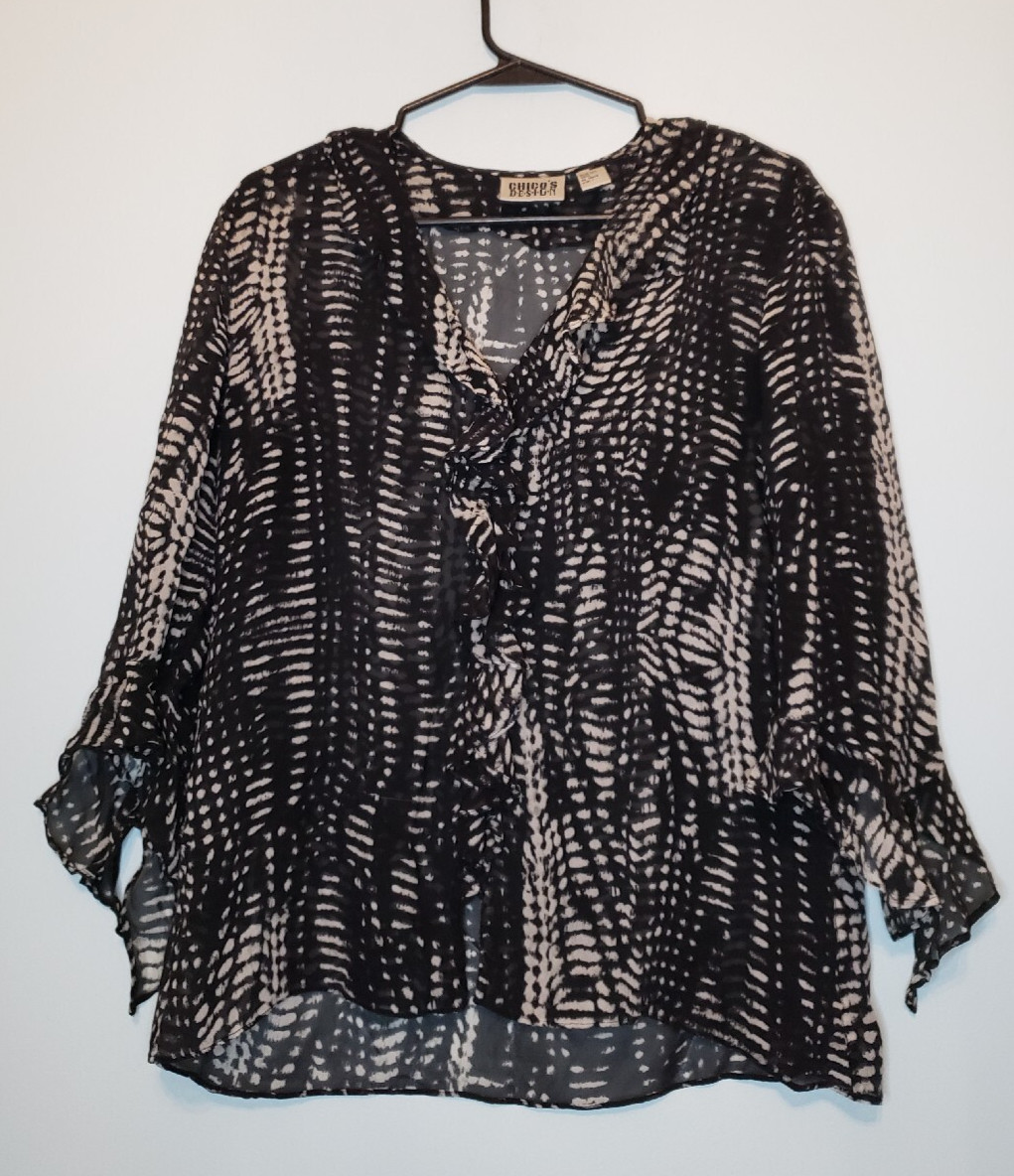 VINTAGE Chico’s Design 1 Women’s 8 Blouse 100% Silk Snakeskin Ruffle Black Sheer