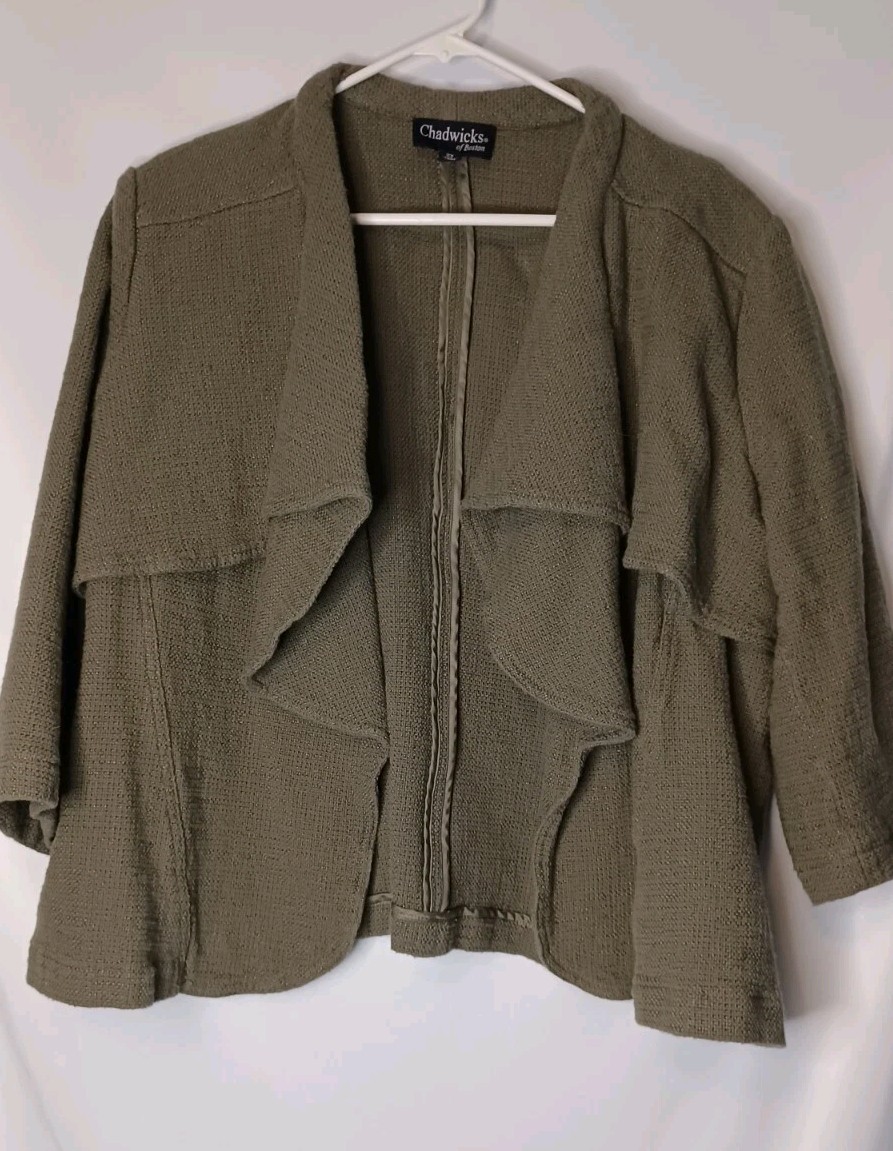Vintage 80s Chadwicks of Boston Army Green Woven Shrug Size 2X Woven 3/4 Sleeve