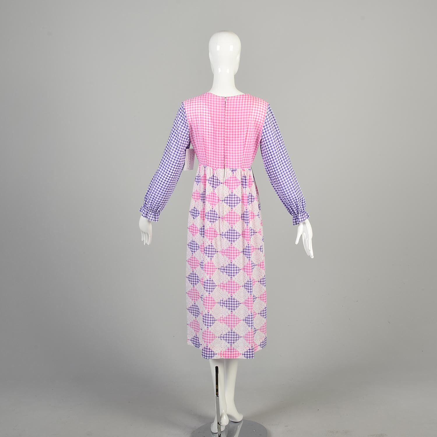 1970s S/M Pink Purple White Gingham Dress Corset Lacing Long Gathered Sleeves