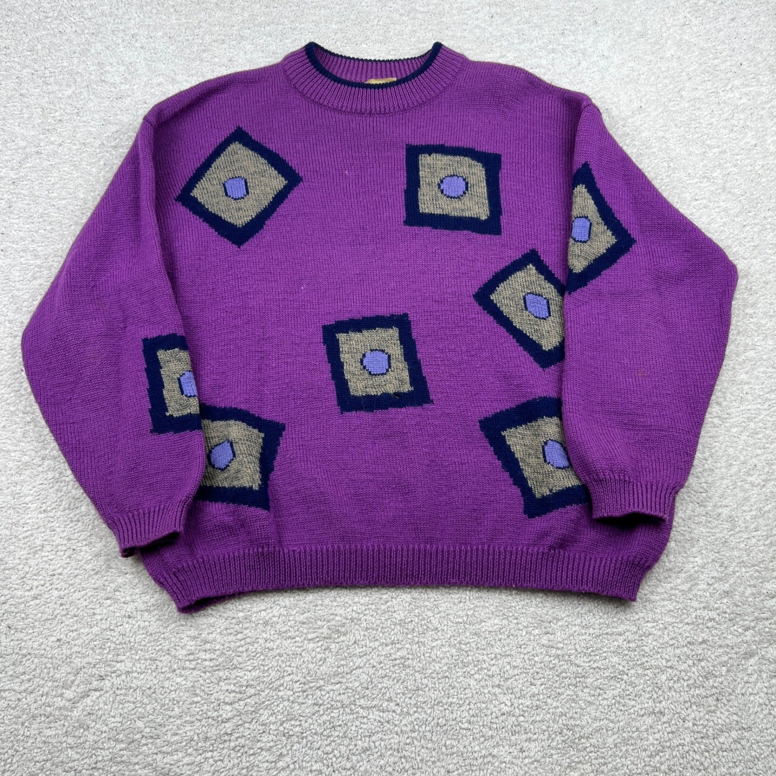 VTG Esprit Purple Geometric Wool Blend Knit Sweater Lurex Metallic Womens Medium