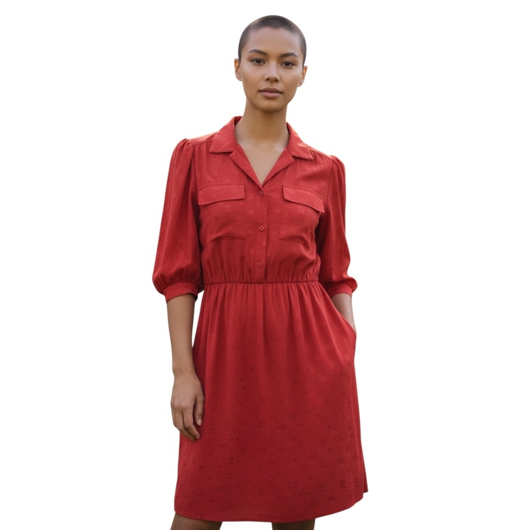 Vintage Sabino women’s red dress 3/4 length sleeves ,collar, button down front