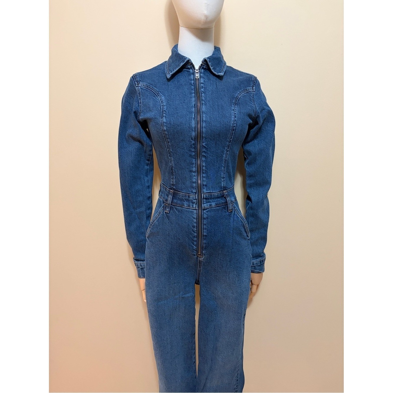 Reformation Talia Retro Flare Denim Jumpsuit Size 2 Comfort Stretch Blue
