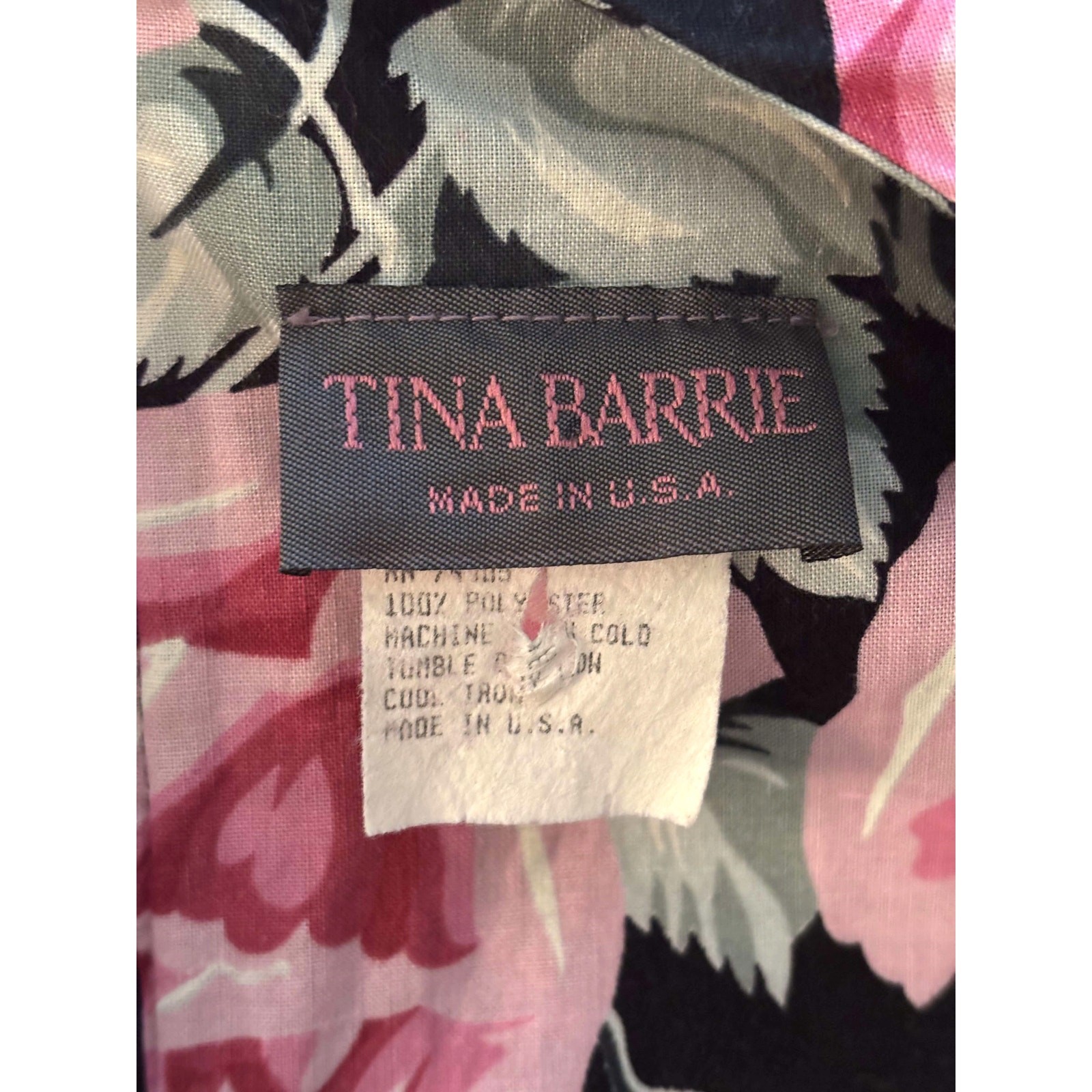 Vintage 1980s Tiona Barrie Pink Black Floral Dress Short Sleeves Size 12 Made US