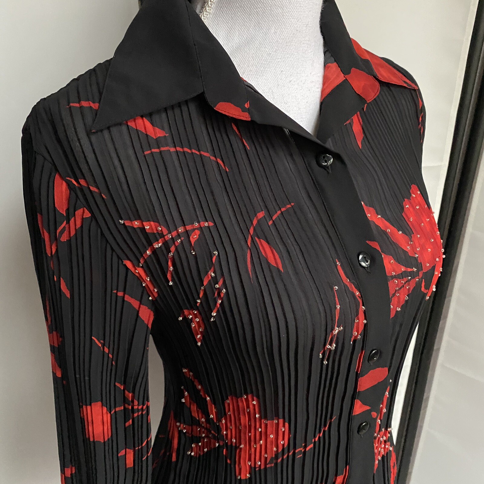 Patchington Vtg Womens Small See Through Top Black Red Button Up Shirt Floral E7