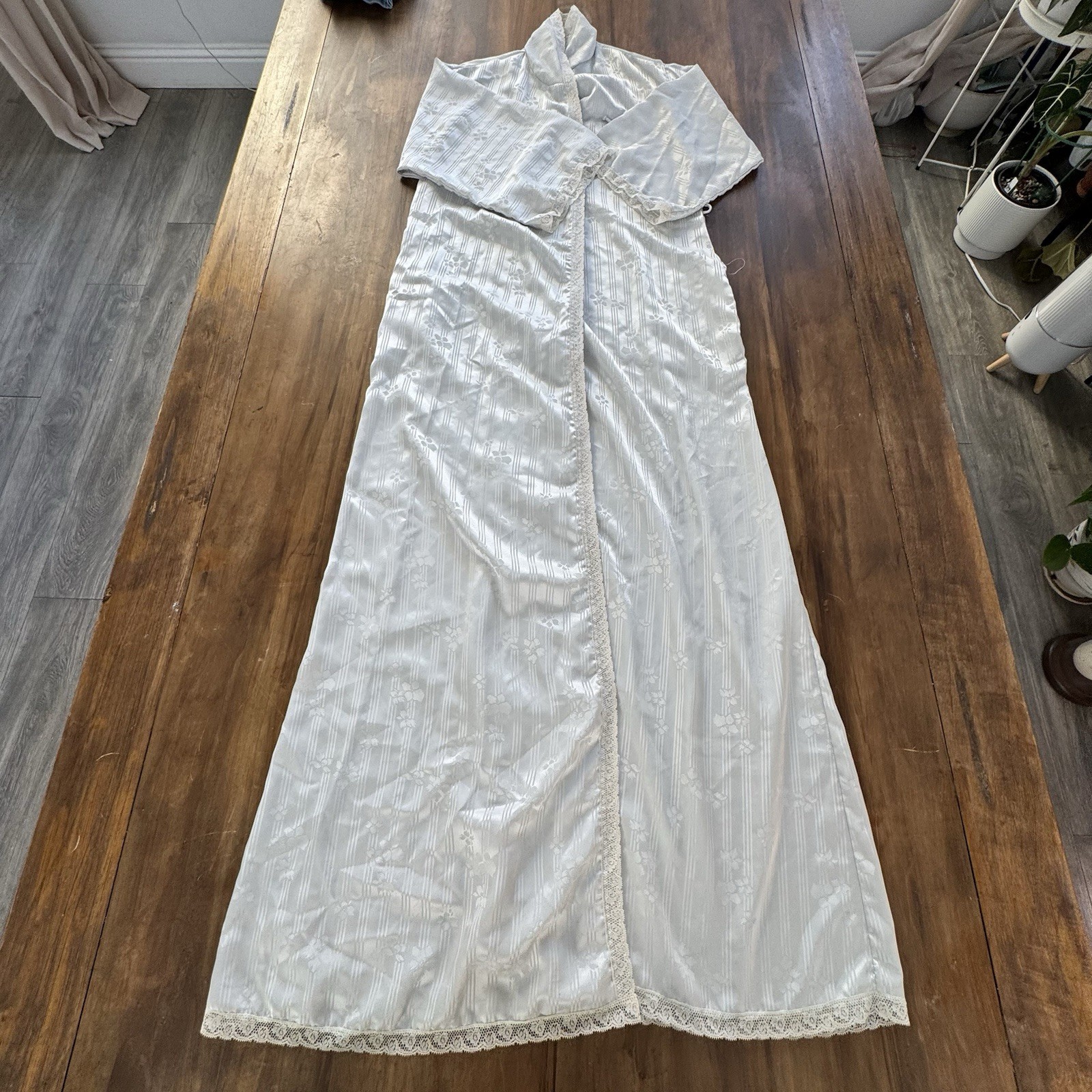 Vtg Christian Dior Night Robe Womens 34 Inch Light Gray Striped Lingerie Lounge