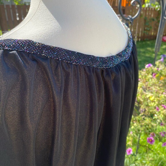 Vintage 70s Black Evening Dress Sparkle Rope Trim Split Cap Sleeve Tall Girl