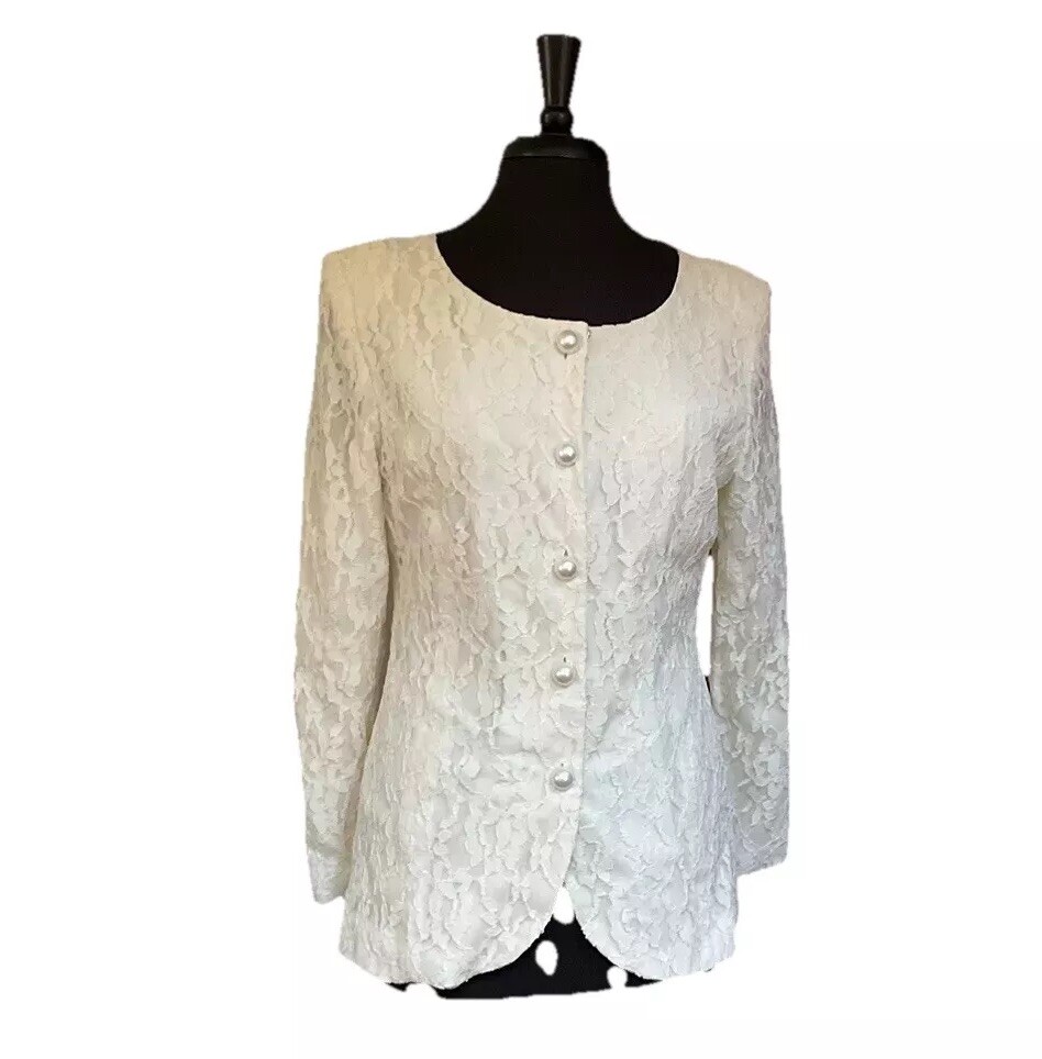 Talbots Donna Ricco Off White Ivory Lace Overlay Jacket 12 Shoulder Pads Vintage
