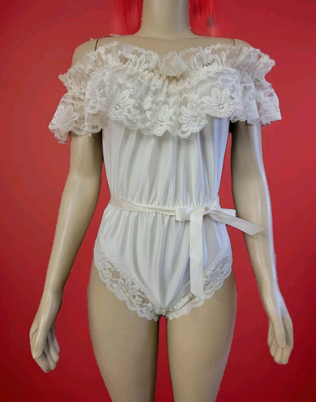 DOLORES For POIRETTE Peignoir Size M Vintage ivory Lace Bodysuit Lingerie #C6