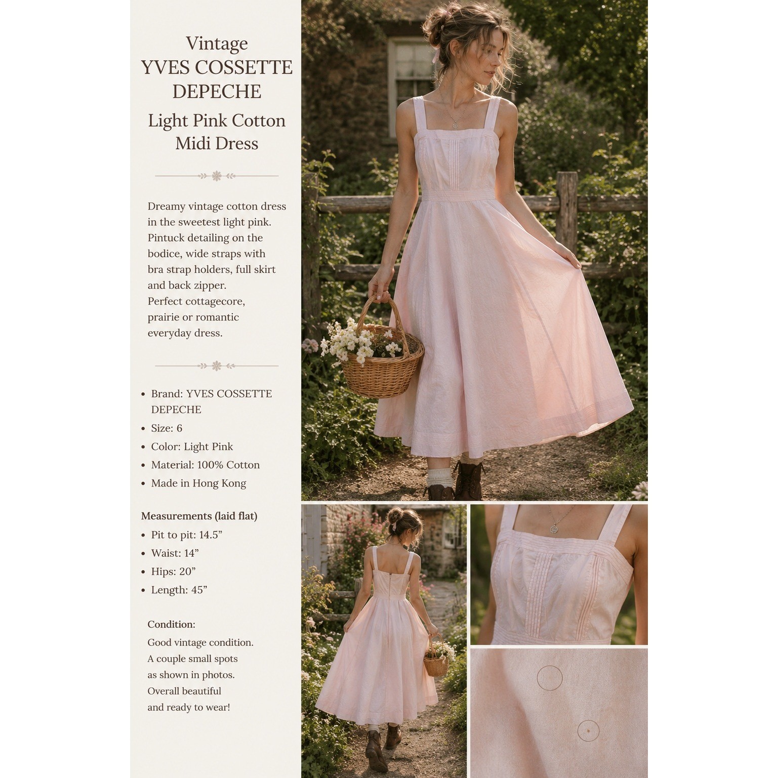 Yves Cossette Depeche Mode Vintage Pink Cotton Pintuck Midi Dress Womens 6