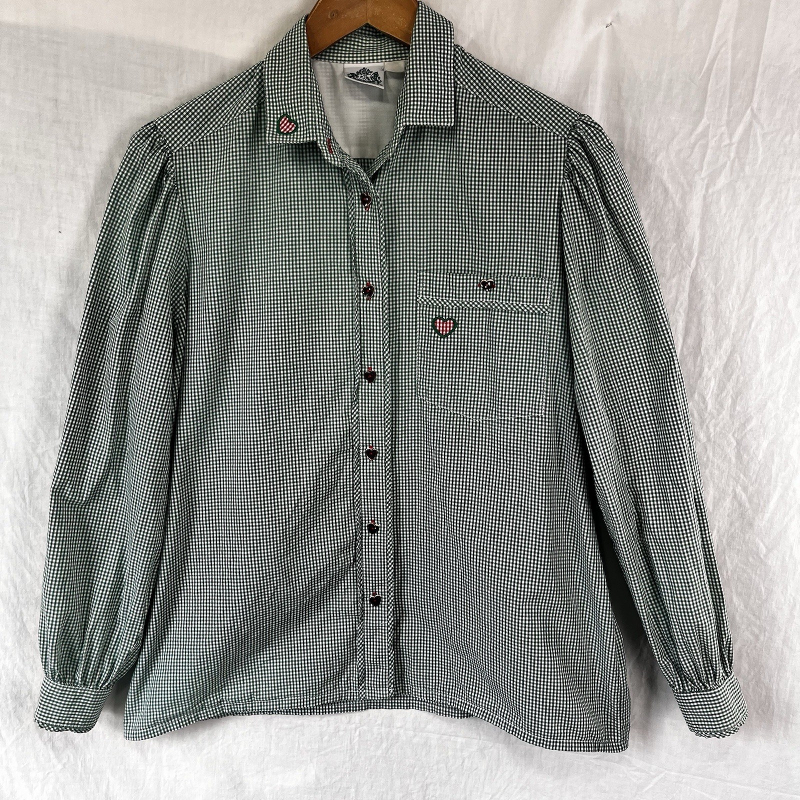 Hammerschmid Vintage Gingham Shirt Women Medium German Cotton Blouse Hearts Cute