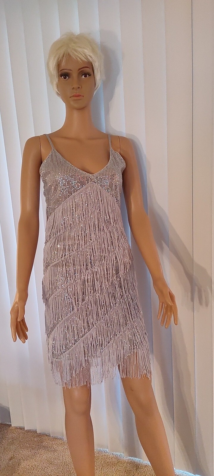 Silver Grey With Sequins & Tassles Flapper Dress Size Small/Sm Medium