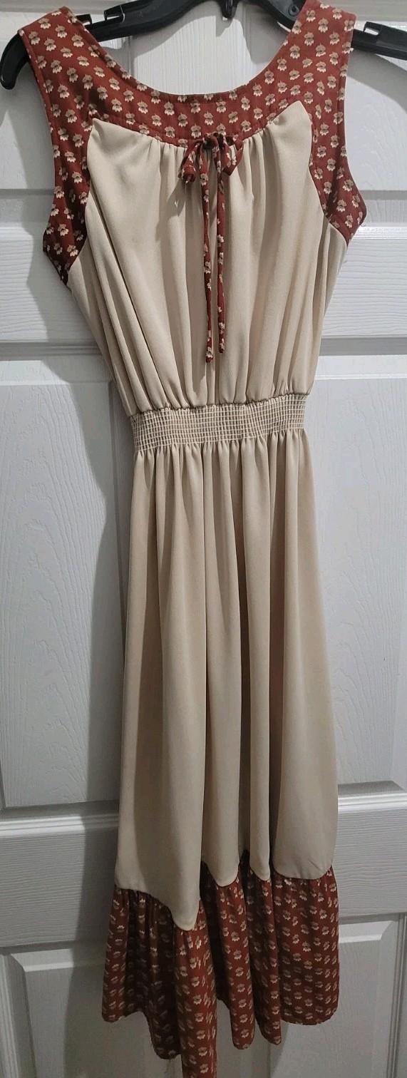 VTG 70s JERELL OF TEXAS BEIGE FLORAL TRIM PRAIRE DRESS WOMENS SIZE 7