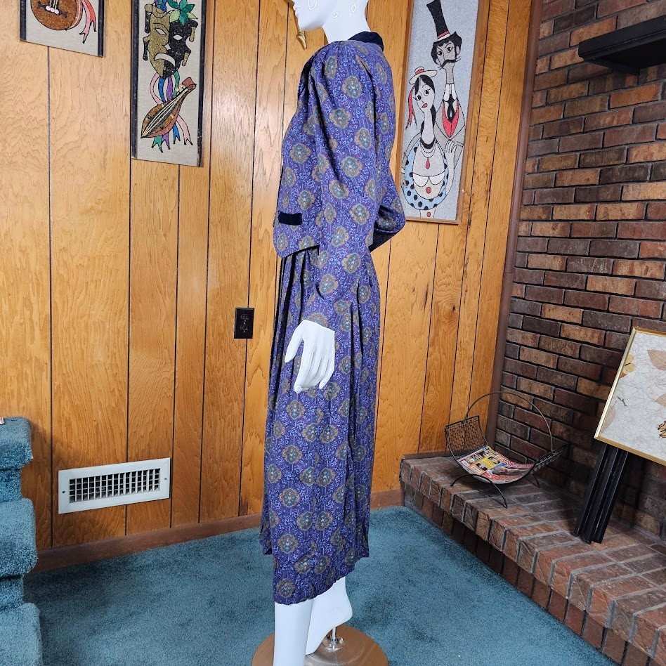 Vtg 90s Velvet Ornate Paisley British Preppy Rayon Midi Riding Vest Dress S/M